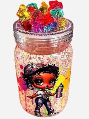 Handcrafted Y2K Street Art 20oz Mason Jar Glitter Mug Tumbler Rainbow Paint Girl